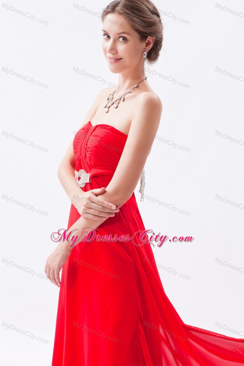 Red Strapless 2013 Empire Chiffon Prom Dress Beaded