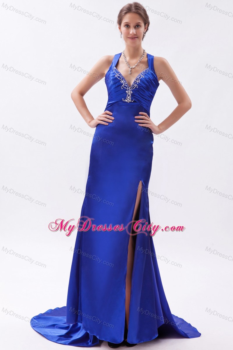 Royal Blue Slinky Halter Prom Dress Embroidery with Train