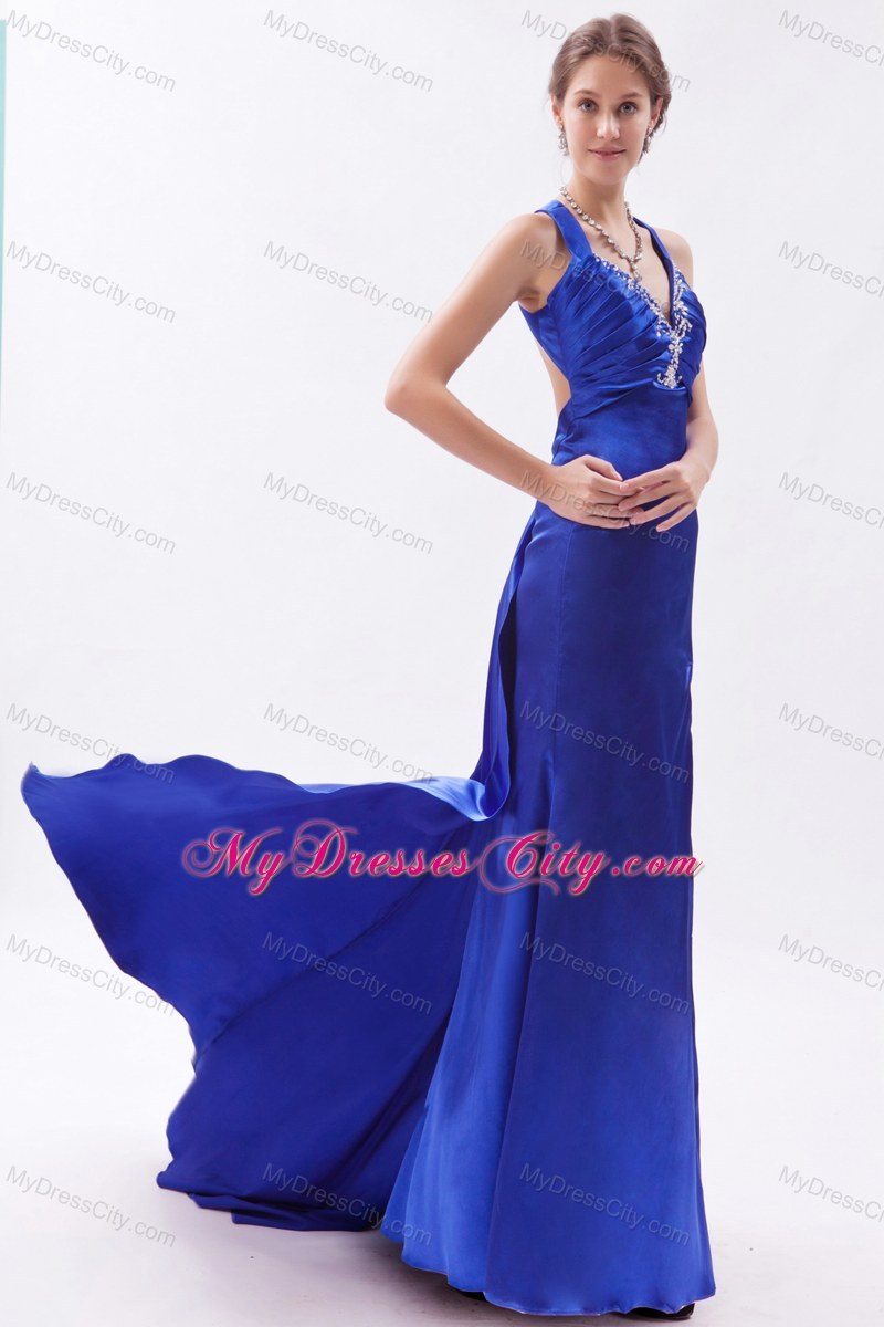 Royal Blue Slinky Halter Prom Dress Embroidery with Train