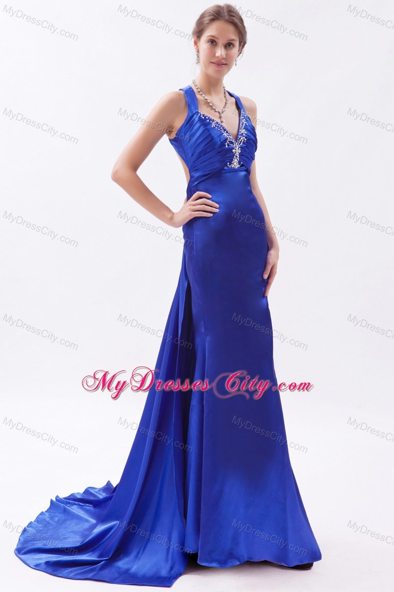 Royal Blue Slinky Halter Prom Dress Embroidery with Train