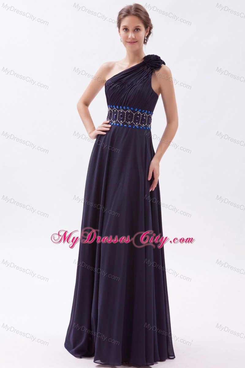 Black Empire One Shoulder Chiffon Beaded Prom Dresses