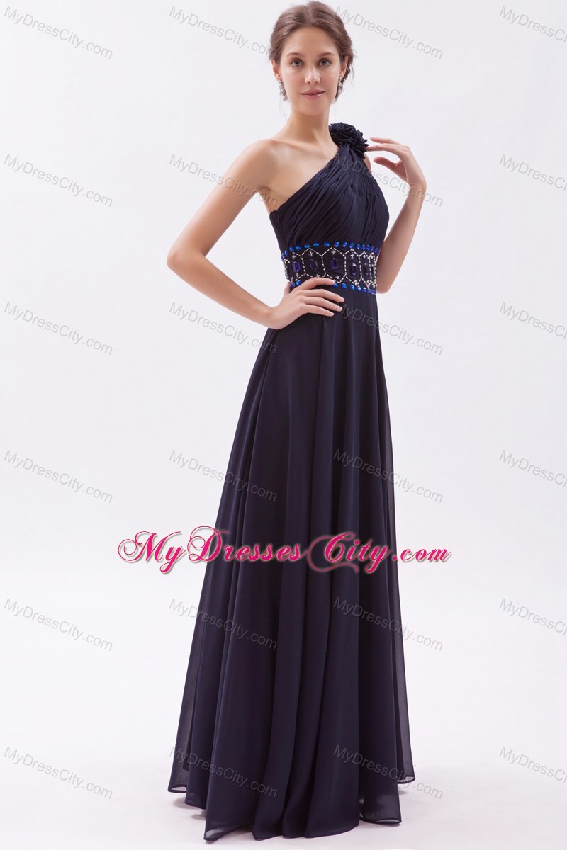 Black Empire One Shoulder Chiffon Beaded Prom Dresses