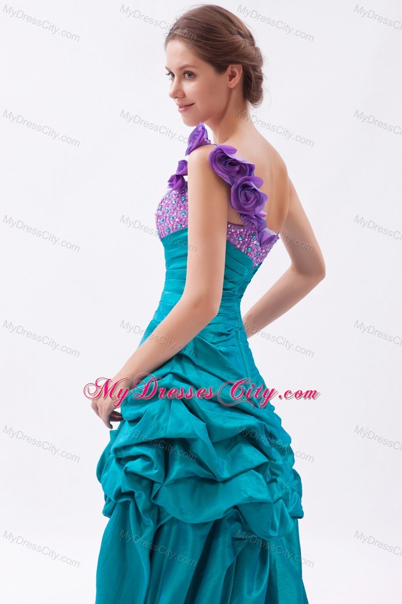 Flowers One Shoulder Beaded Pick Ups High Low Prom Dresses