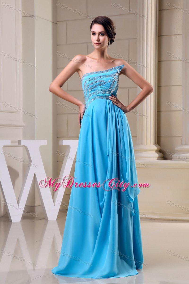 Empire Beaded Baby Blue Chiffon Prom Dress with Cool Neckline