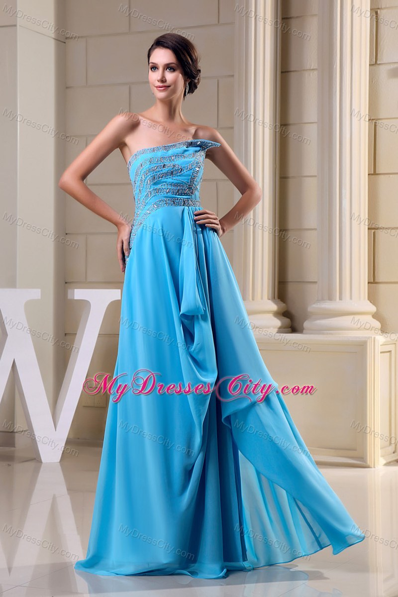 Empire Beaded Baby Blue Chiffon Prom Dress with Cool Neckline