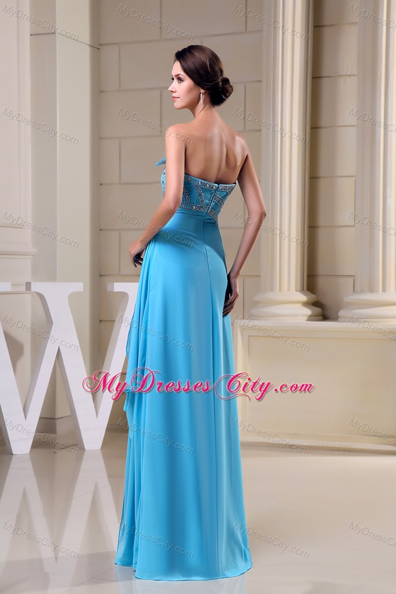 Empire Beaded Baby Blue Chiffon Prom Dress with Cool Neckline