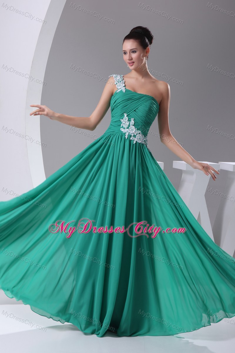 Appliques One Shoulder Ruching Turquoise Chiffon Prom Dresses