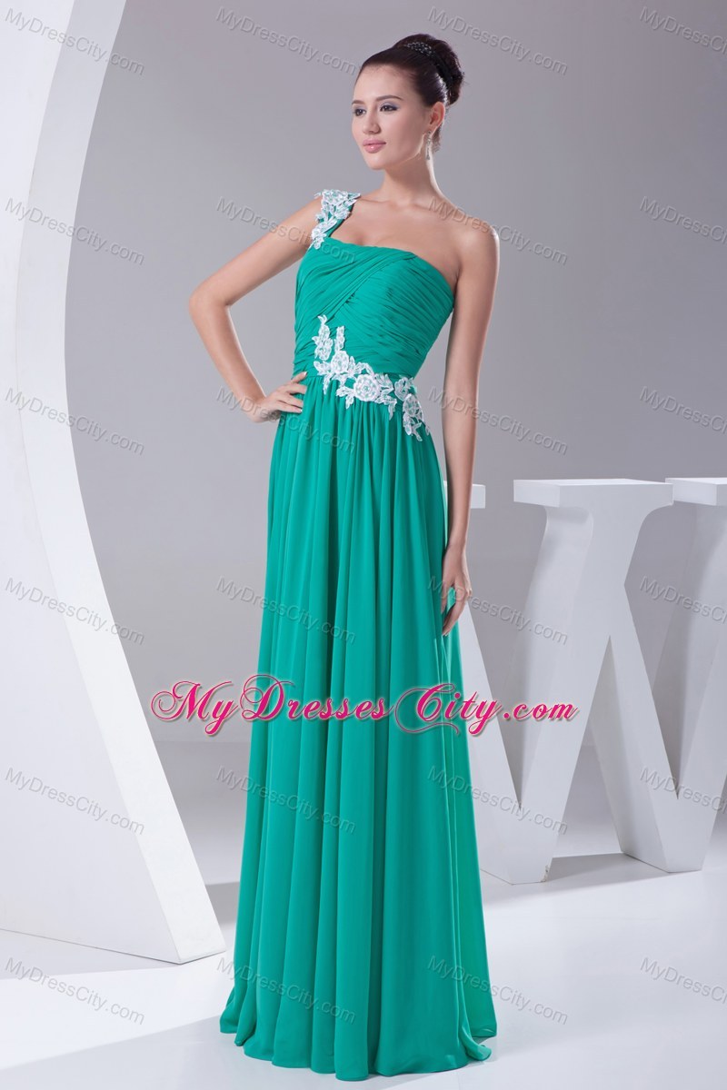 Appliques One Shoulder Ruching Turquoise Chiffon Prom Dresses