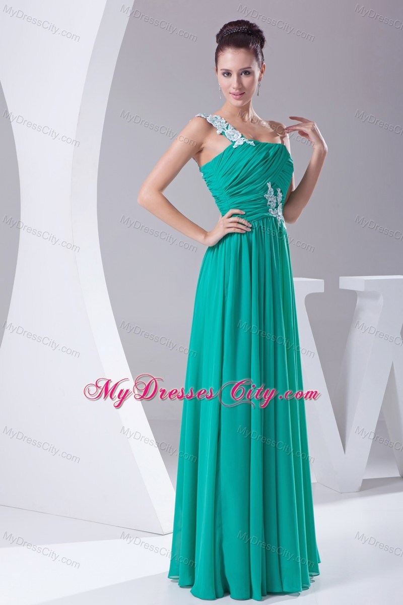 Appliques One Shoulder Ruching Turquoise Chiffon Prom Dresses