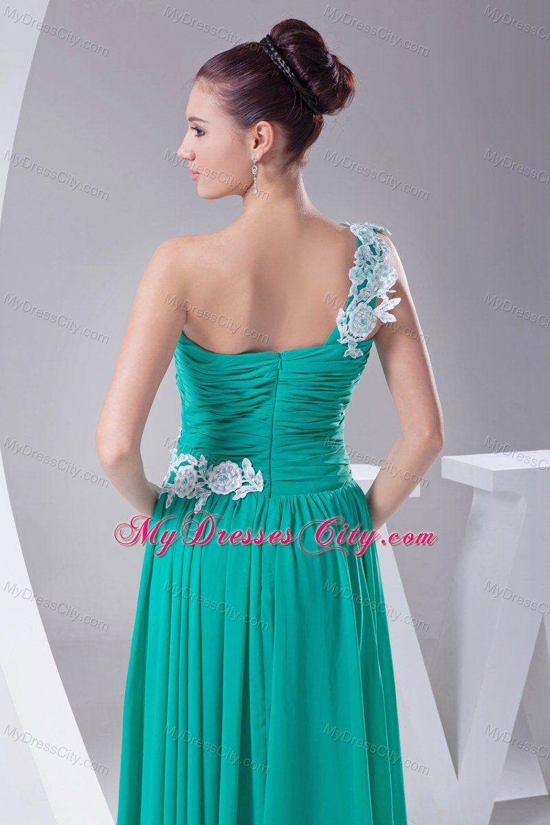 Appliques One Shoulder Ruching Turquoise Chiffon Prom Dresses