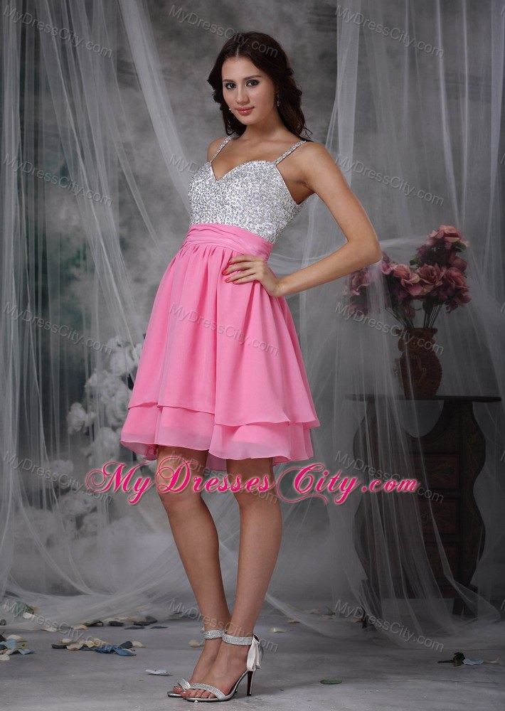 Spaghetti Straps Beaded Chiffon Pink 2013 Short Prom Dresses