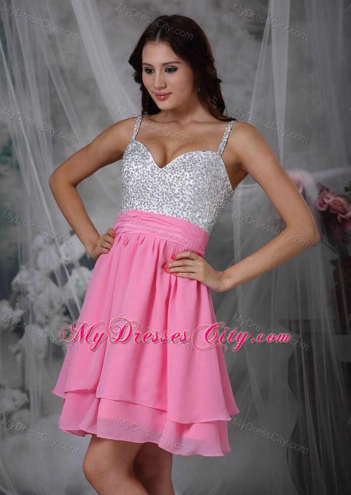 Spaghetti Straps Beaded Chiffon Pink 2013 Short Prom Dresses