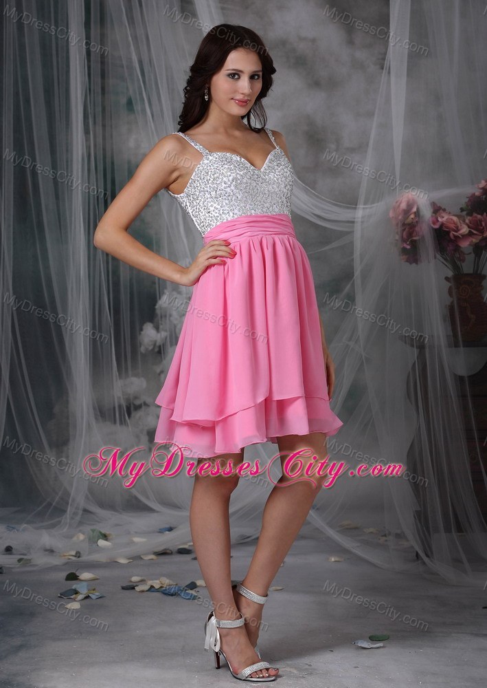 Spaghetti Straps Beaded Chiffon Pink 2013 Short Prom Dresses