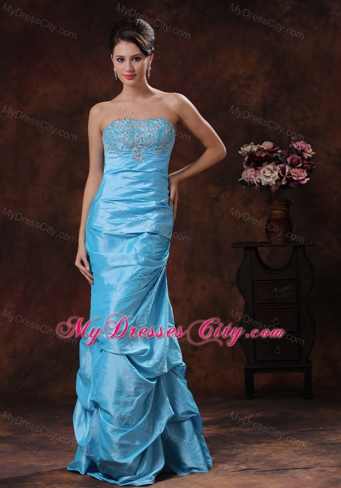 Beaded Appliques Strapless Column Aqua Blue Prom Dresses