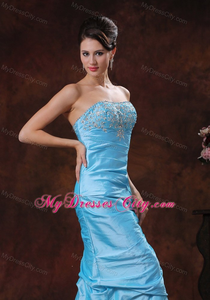 Beaded Appliques Strapless Column Aqua Blue Prom Dresses