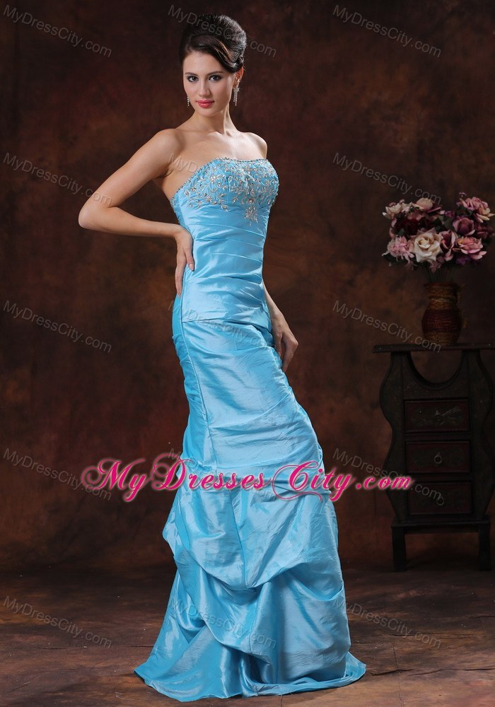 Beaded Appliques Strapless Column Aqua Blue Prom Dresses