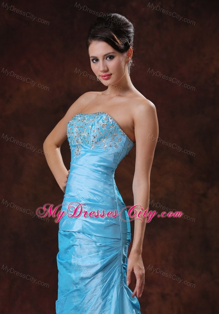 Beaded Appliques Strapless Column Aqua Blue Prom Dresses