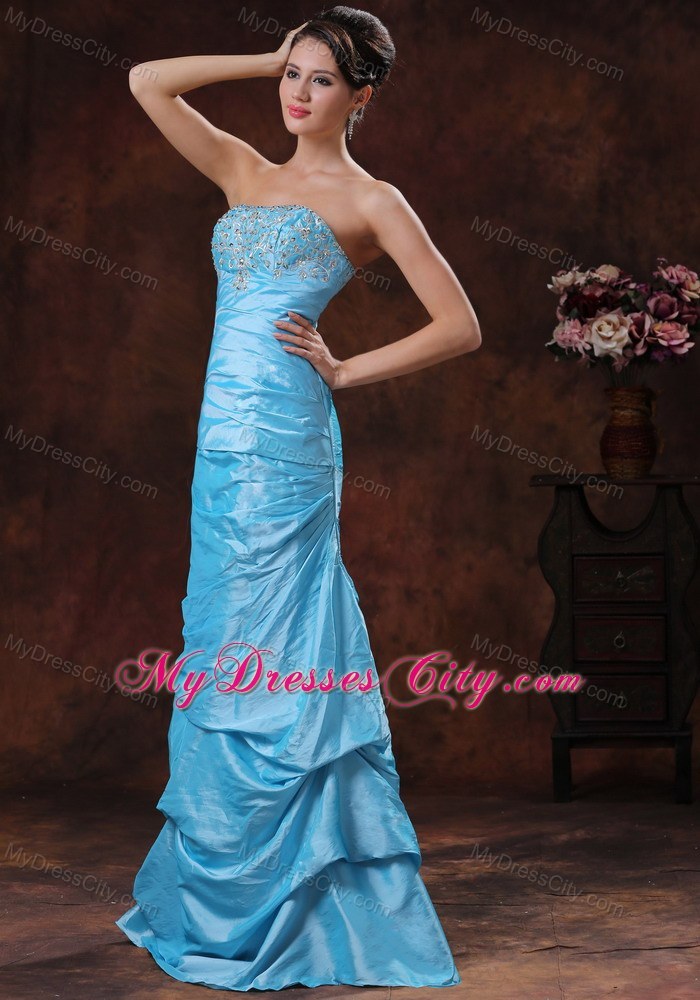 Beaded Appliques Strapless Column Aqua Blue Prom Dresses