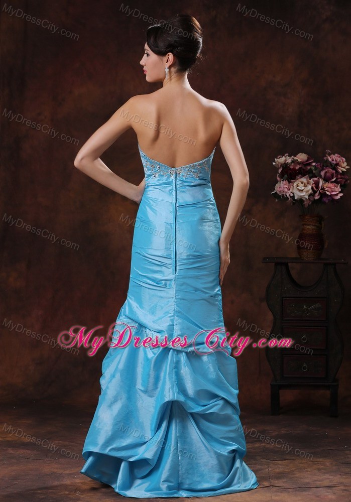 Beaded Appliques Strapless Column Aqua Blue Prom Dresses