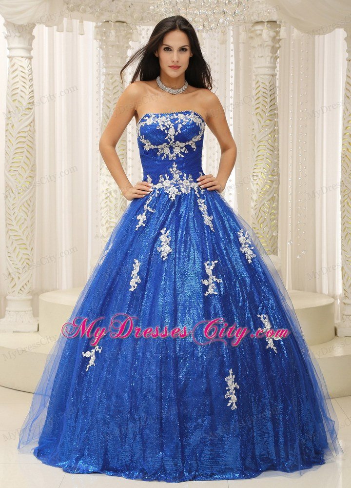 Paillette Over Skirt A-line Royal Blue Sweet 15 Dresses With Appliques