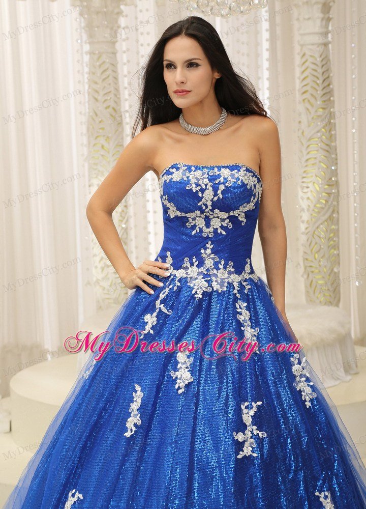 Paillette Over Skirt A-line Royal Blue Sweet 15 Dresses With Appliques