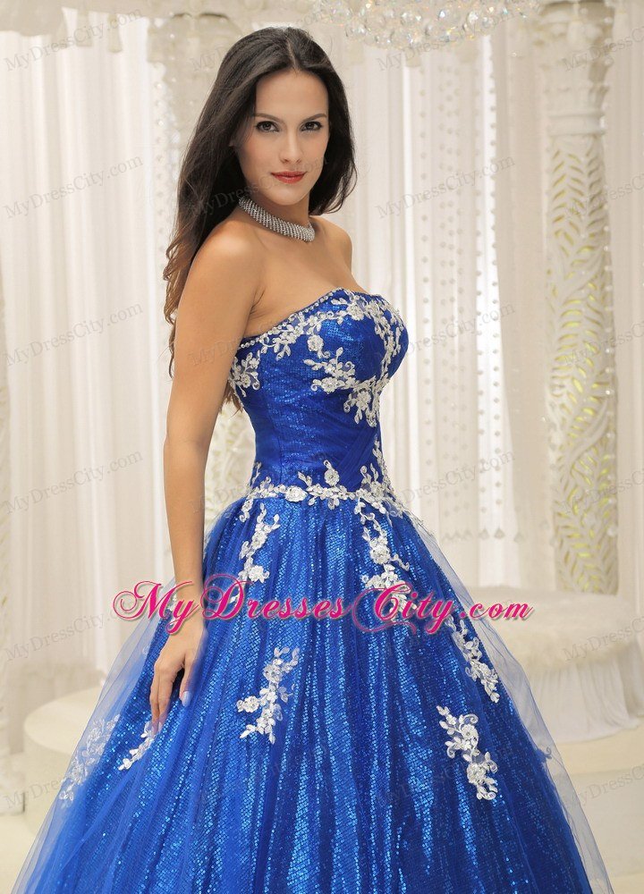 Paillette Over Skirt A-line Royal Blue Sweet 15 Dresses With Appliques