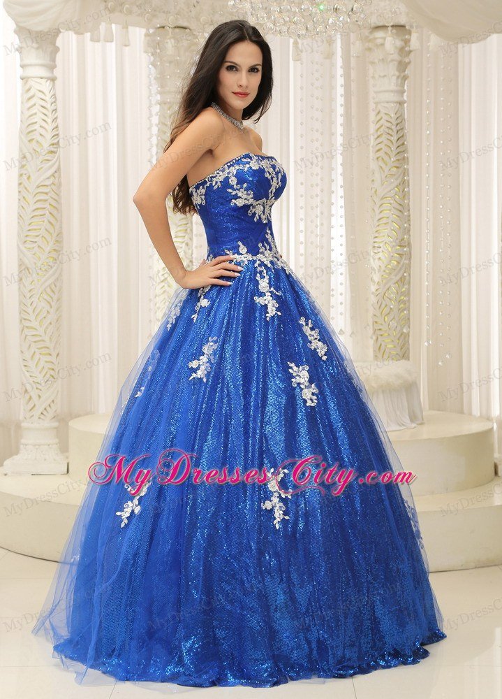 Paillette Over Skirt A-line Royal Blue Sweet 15 Dresses With Appliques