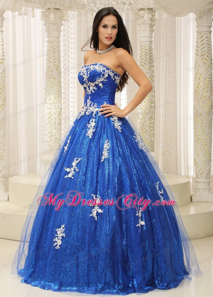 Paillette Over Skirt A-line Royal Blue Sweet 15 Dresses With Appliques