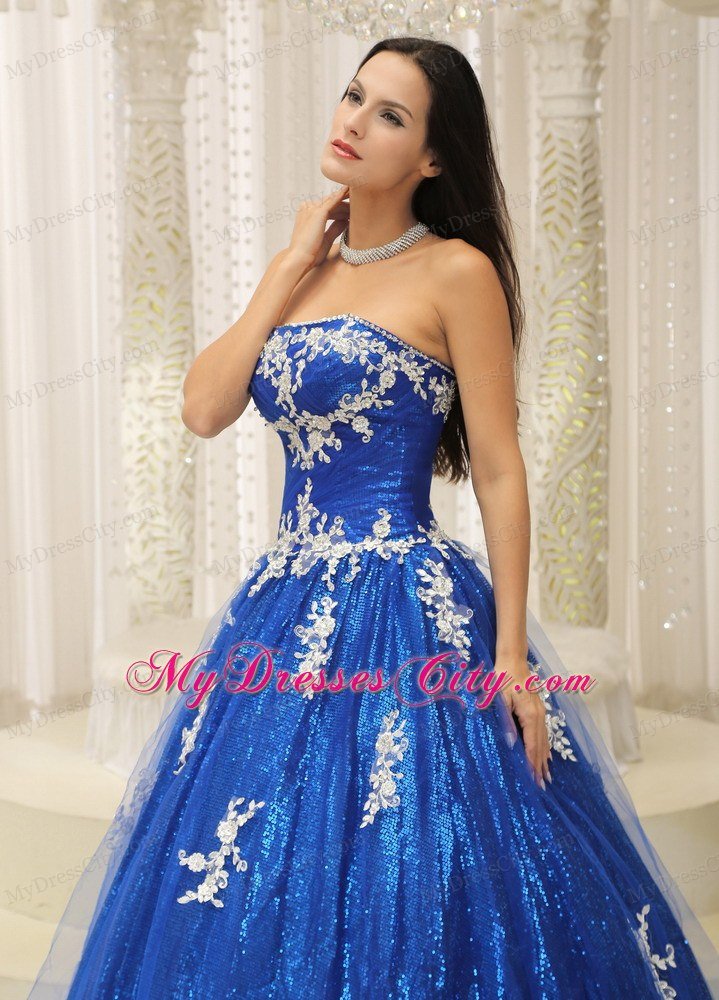 Paillette Over Skirt A-line Royal Blue Sweet 15 Dresses With Appliques