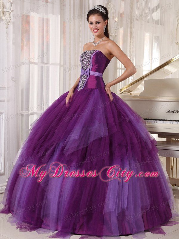 Bowknot Decorate Waist Strapless Beading Purple Quinceanera Dresses