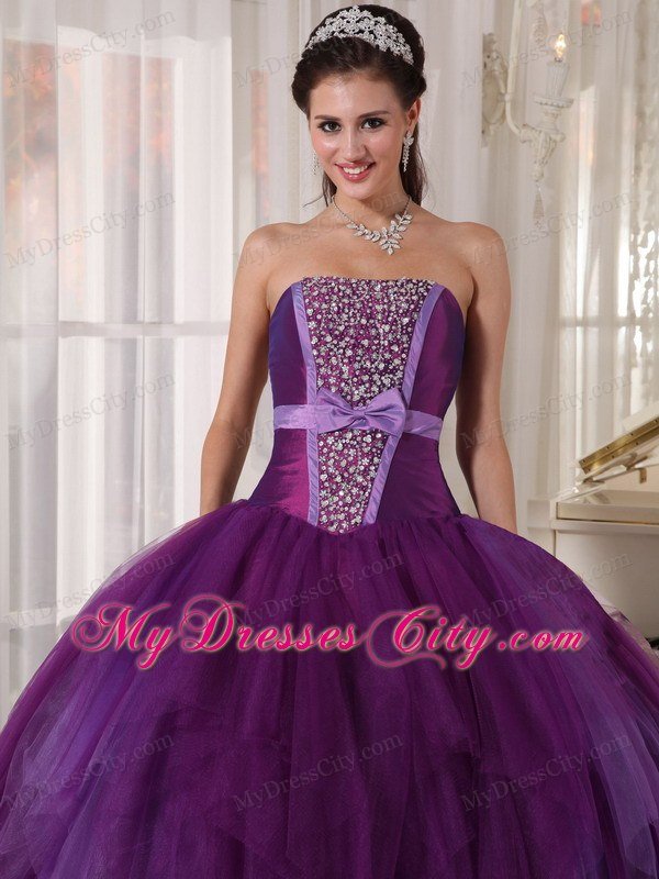 Bowknot Decorate Waist Strapless Beading Purple Quinceanera Dresses