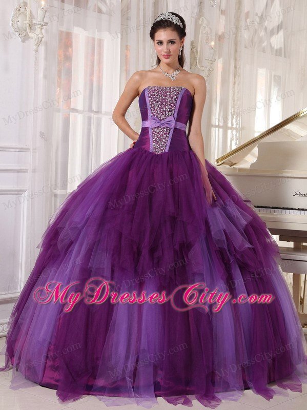 Bowknot Decorate Waist Strapless Beading Purple Quinceanera Dresses