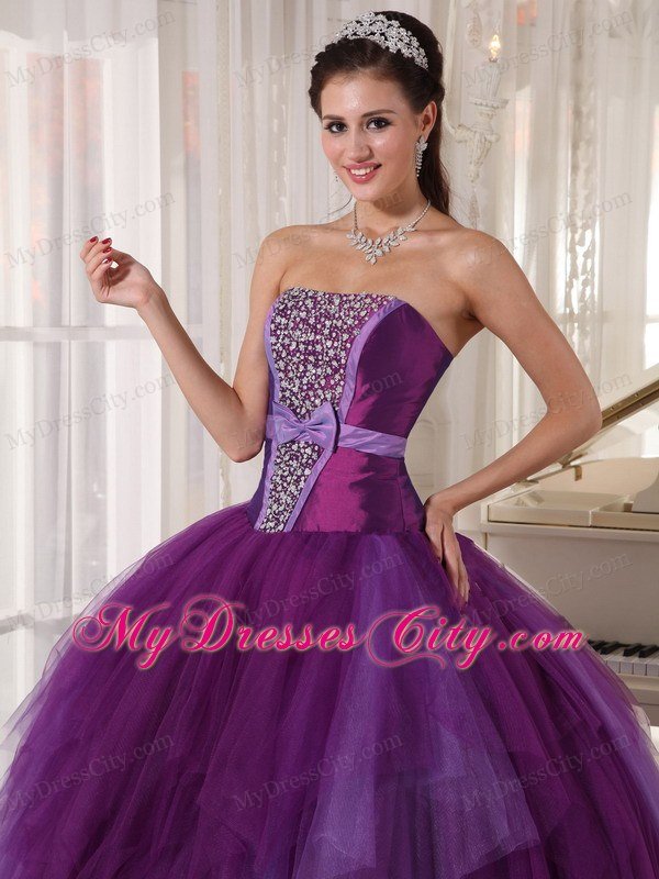 Bowknot Decorate Waist Strapless Beading Purple Quinceanera Dresses