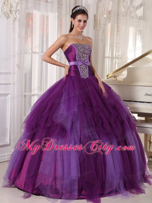 Bowknot Decorate Waist Strapless Beading Purple Quinceanera Dresses