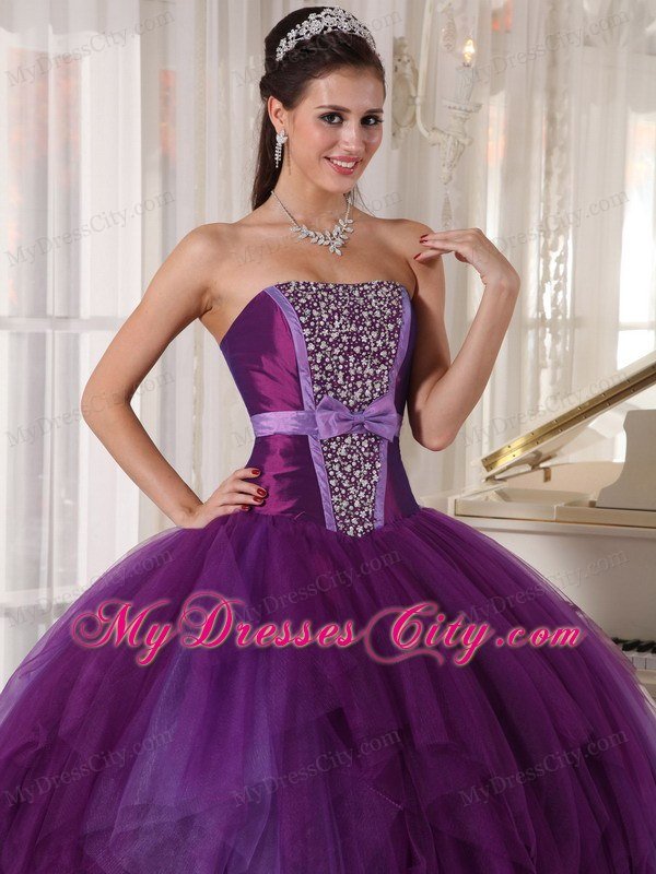 Bowknot Decorate Waist Strapless Beading Purple Quinceanera Dresses