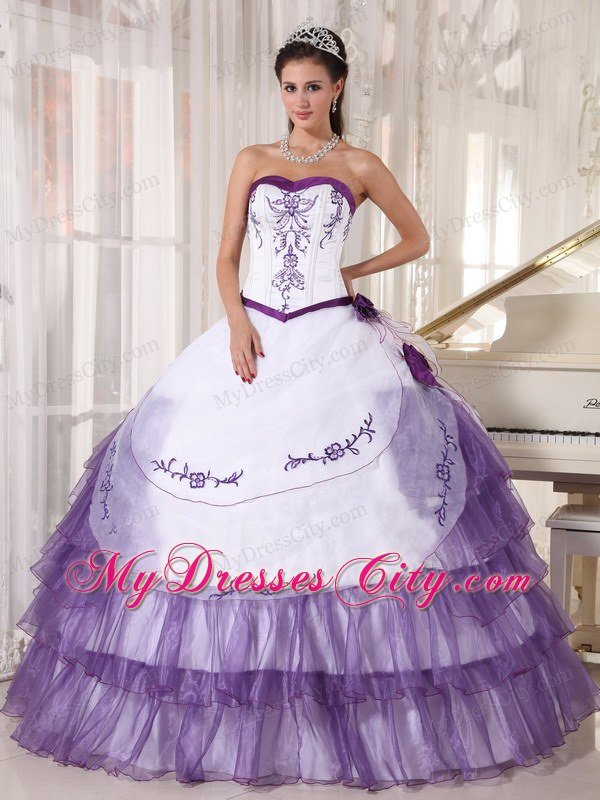 Spring Sweetheart Embroidery White and Purple Quinceanera Party Dress