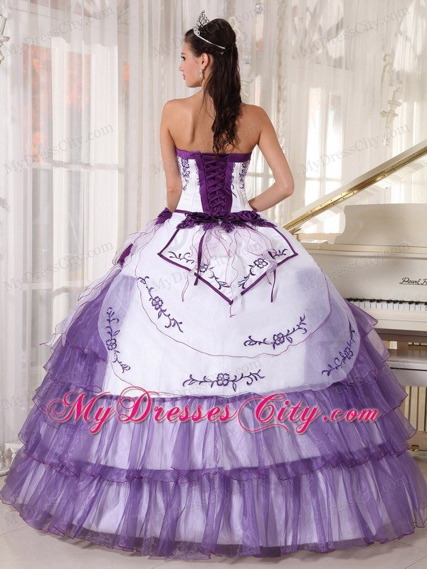 Spring Sweetheart Embroidery White and Purple Quinceanera Party Dress