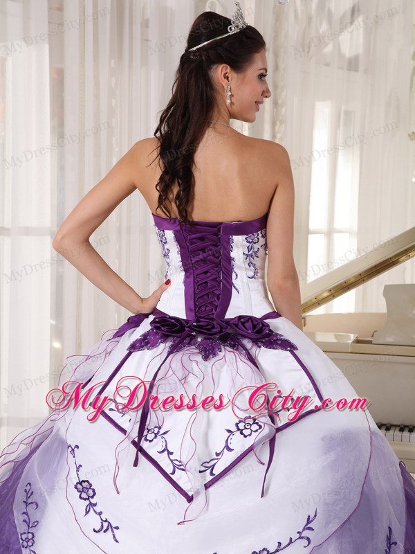 Spring Sweetheart Embroidery White and Purple Quinceanera Party Dress