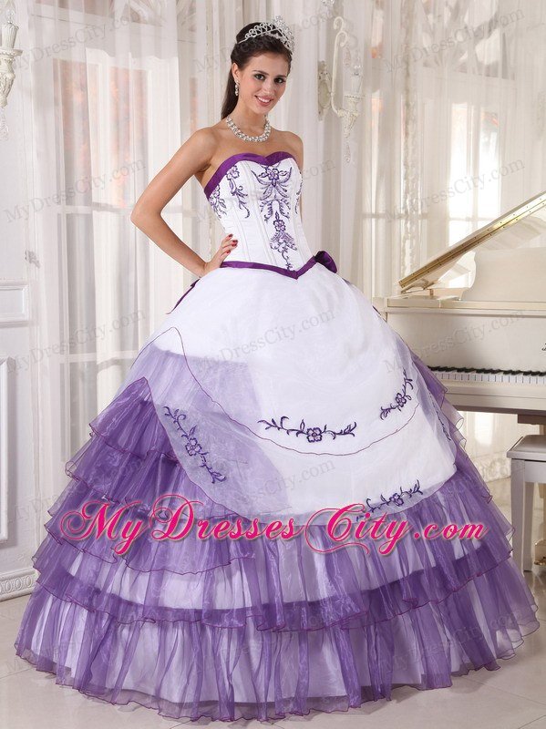 Spring Sweetheart Embroidery White and Purple Quinceanera Party Dress