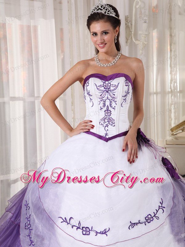 Spring Sweetheart Embroidery White and Purple Quinceanera Party Dress