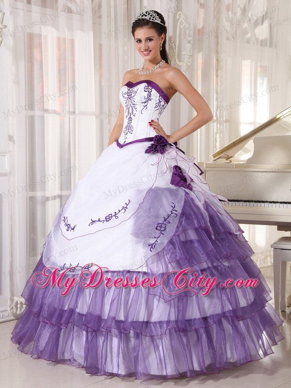 Spring Sweetheart Embroidery White and Purple Quinceanera Party Dress