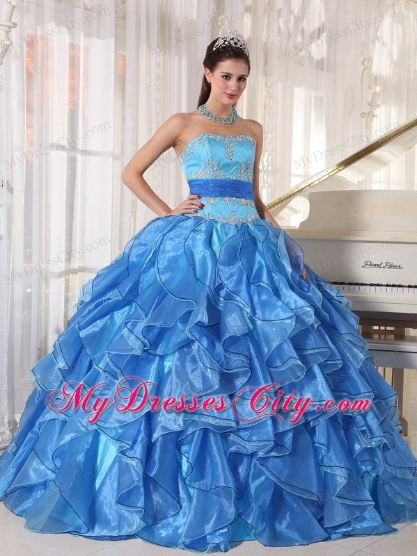 Blue Strapless Appliques Ruffles Fitted Waist Quinceanera Dress