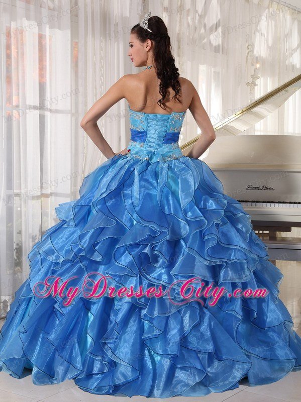 Blue Strapless Appliques Ruffles Fitted Waist Quinceanera Dress