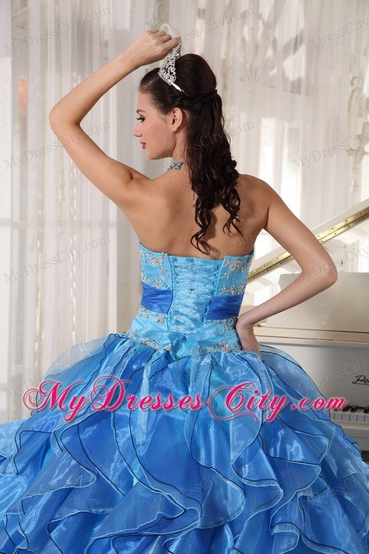 Blue Strapless Appliques Ruffles Fitted Waist Quinceanera Dress