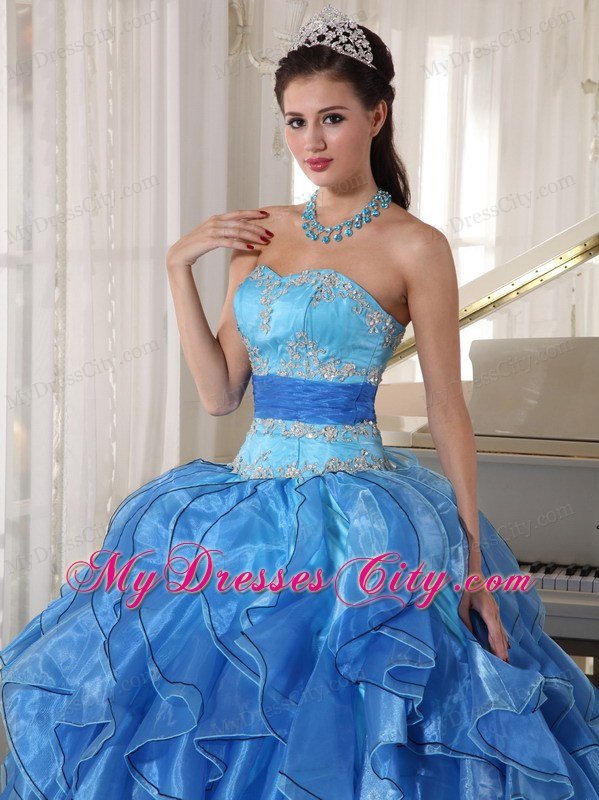 Blue Strapless Appliques Ruffles Fitted Waist Quinceanera Dress