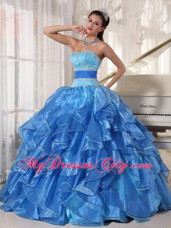 Blue Strapless Appliques Ruffles Fitted Waist Quinceanera Dress