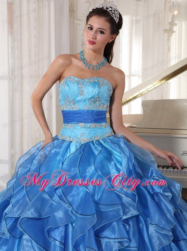 Blue Strapless Appliques Ruffles Fitted Waist Quinceanera Dress