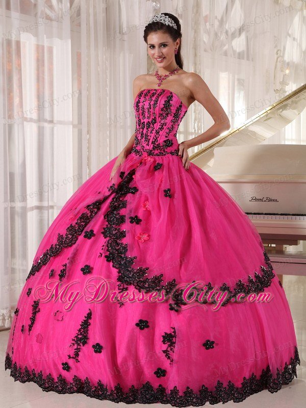 Hot Pink Sleeveless Strapless Lace Appliques Quinceanera Dress