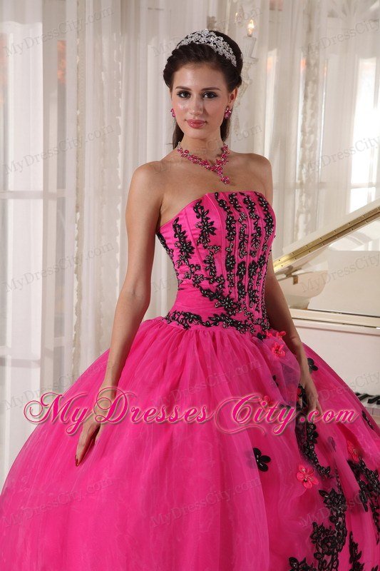 Hot Pink Sleeveless Strapless Lace Appliques Quinceanera Dress