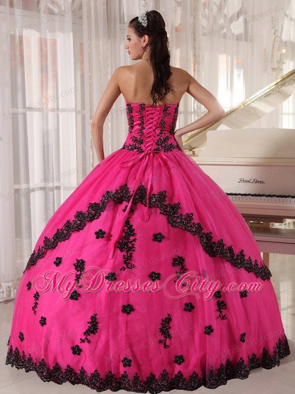 Hot Pink Sleeveless Strapless Lace Appliques Quinceanera Dress